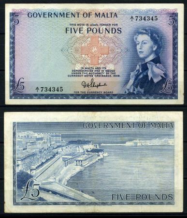 Мальта 1949 г. (1961) • P# 27a • 5 фунтов • Елизавета II • Большой порт Валетты • Shepherd • регулярный выпуск • XF ( кат. - $750 )