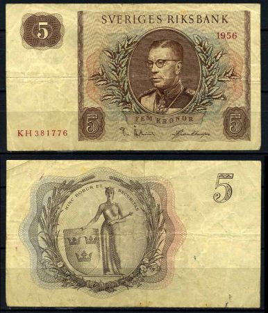 ШВЕЦИЯ 1956г. P# 42c / 5 КРОН VF / ГЕРБЫ