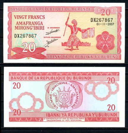 Бурунди 2007 г. • P# 27d • 20 франков • воин с копьём • регулярный выпуск • UNC пресс