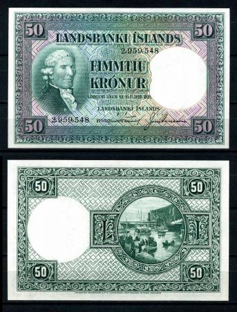 Исландия 1948-1956 гг. • P# 34a • 50 крон • Джон Эриксон • регулярный выпуск • UNC пресс