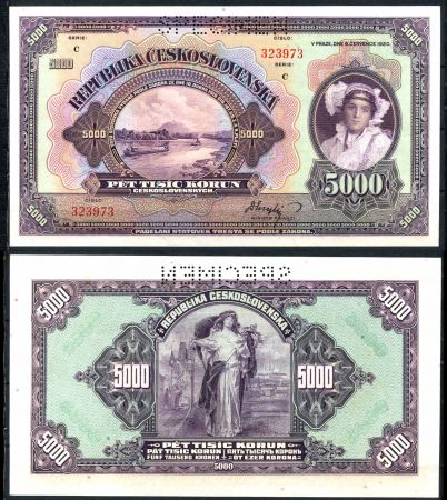 Чехословакия 1920г. P# 19s • 5000 крон • регулярный выпуск • образец • UNC пресс