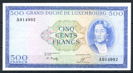 Люксембург 1963 г. • P# 52A • 500 франков • невыпущенная в обращение(раритет!!) • герцогиня Шарлотта • регулярный выпуск • серия № - A 014992 • UNC пресс ®®®