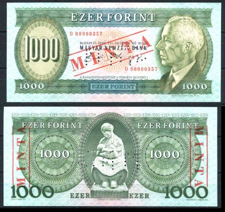 ВЕНГРИЯ 1992г. P# 176as / 1000 ФОРИНТОВ "D" / UNC ПРЕСС SPECIMEN