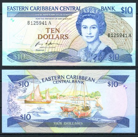 Восточные Карибы • Антигуа 1985-1993 гг. • P# 23a1 • 10 долларов • Елизавета II • вид на бухту • регулярный выпуск • UNC пресс ( кат. - $105 )