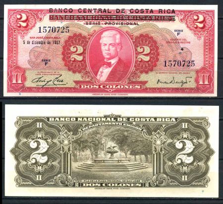 Коста Рика 1967 г. P# 235 • 2 колона • надпечатка "Центральный Банк Коста Рики" • регулярный выпуск • UNC пресс