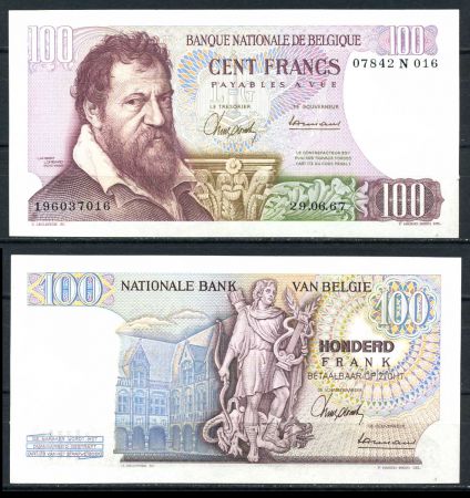 Бельгия 1967 г. • P# 134a (sign. 1-7) • 100 франков • Ламберт Ломбард • регулярный выпуск • UNC пресс