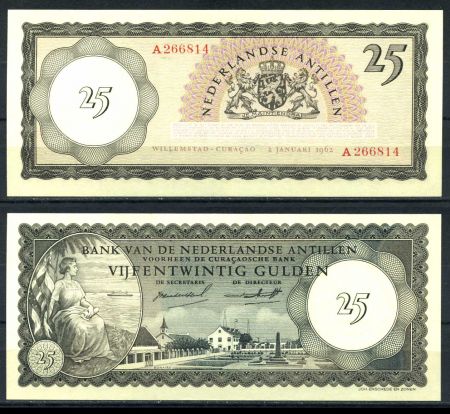 АНТИЛЬСКИЕ О-ВА 1962г. P# 3 / 25 ГУЛЬДЕНОВ № A266814 UNC ПРЕСС / ГЕРБЫ