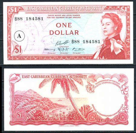 Восточные Карибы • Антигуа 1965 г. • P# 13h • 1 доллар • Елизавета II • вид на бухту • регулярный выпуск • UNC пресс ( кат. - $50 )
