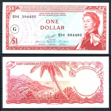 Восточные Карибы • Гренада 1965 г. • P# 13j • 1 доллар • Елизавета II • вид на бухту • регулярный выпуск • UNC пресс ( кат. - $50 )