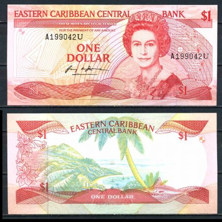 Восточные Карибы • Ангилья 1988 г. • P# 21u • 1 доллар • Елизавета II • вид на бухту • регулярный выпуск • UNC пресс ( кат. - $ 50 )