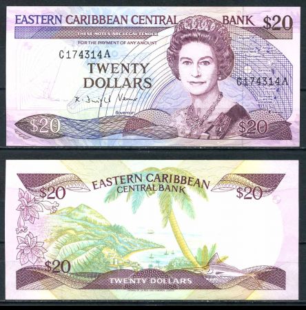 Восточные Карибы • Антигуа 1988-1993 гг. • P# 24a2 • 20 долларов • Елизавета II • вид на бухту • регулярный выпуск • UNC пресс ( кат. - $180 )
