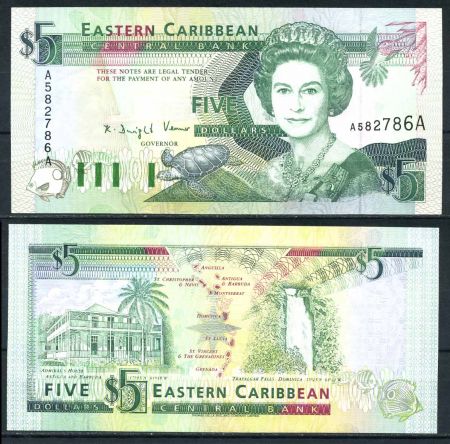 Восточные Карибы • Антигуа 1993 г. • P# 26a • 5 долларов • Елизавета II • адмиральский дом, водопад • регулярный выпуск • UNC пресс ( кат. - $60 )