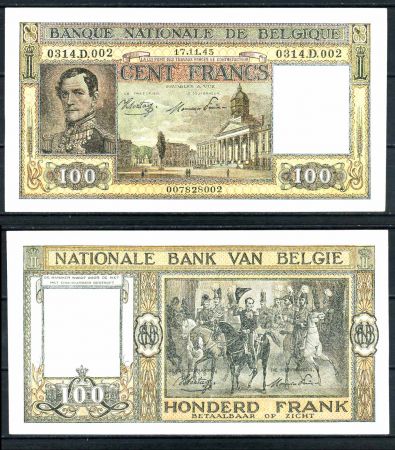 Бельгия 1945 г.(17.11) • P# 126 • 100 франков • Леопольд I • регулярный выпуск • UNC пресс