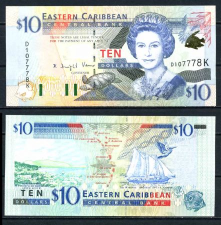 Восточные Карибы • Сент-Китс 2000 г. • P# 38k • 10 долларов • Елизавета II • карта островов, парусник • регулярный выпуск • UNC пресс ( кат. - $ 50 )