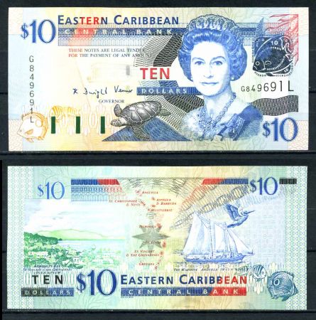 Восточные Карибы • Сент-Люсия 2003 г. L • P# 43l • 10 долларов • Елизавета II • карта островов, парусник • регулярный выпуск • UNC пресс ( кат. - $ 40 )