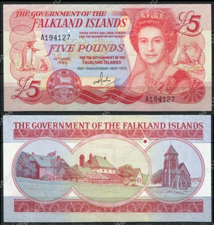 Фолклендские острова 1983 г. • P# 12 • 5 фунтов • Елизавета II • 150 лет британского правления • памятный выпуск • UNC пресс
