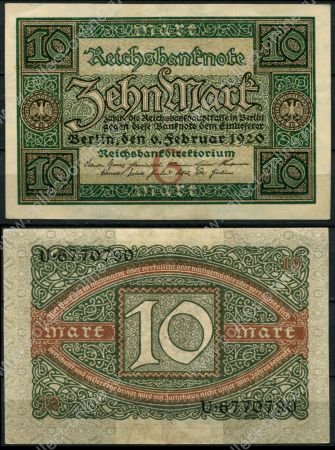 Германия 1920 г. • P# 67 G • 10 марок • регулярный выпуск • AU+