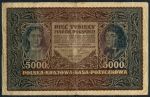 Польша 1919 г. • P# 31 • 5000 марок • Королева Ядвига и Тадеуш Косцюшко • регулярный выпуск • F-VF