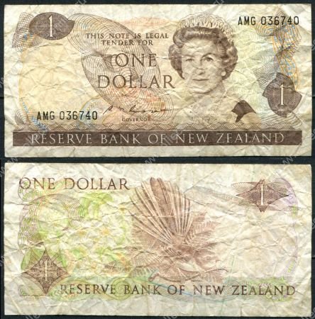 Новая Зеландия 1985-1989 гг. • P# 169b • 1 доллар • Елизавета II • птица пёстрый фантейл • S. T. Russel • регулярный выпуск • F