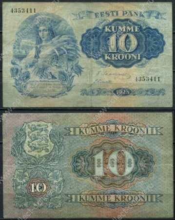 Эстония 1928 г. • P# 63 • 10 крон • девушка с серпом • регулярный выпуск • F-VF ( кат. - $ 30+ )