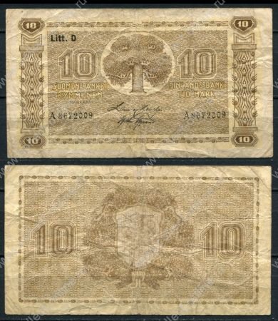 Финляндия 1939 г. (1939-1945) • P# 70 • 10 марок • дуб • регулярный выпуск • F