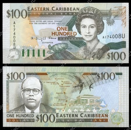 Восточные Карибы • Ангилья 1994 г. U • P# 35u • 100 долларов • Елизавета II • карта островов, сэр Артур Льюис • регулярный выпуск • UNC пресс ( кат. - $ 330 ) ®