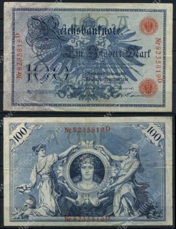 Германия 1908 г. • P# 33a A • 100 марок • красный номер • регулярный выпуск • VF- ( кат. - $ 10+ )