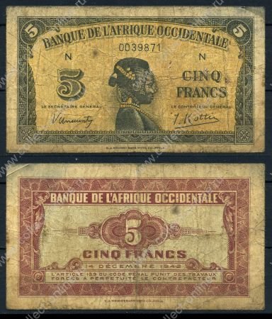 Французская Западная Африка 1942 г. • P# 28a • 5 франков • девушка • регулярный выпуск • F-