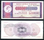 Боливия 1985 г. • P# 192B • 10000000 песо (10 млн.) • тип чека • экстренный выпуск • UNC* пресс
