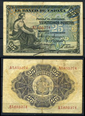 ИСПАНИЯ 1906г. P# 57 / 25 ПЕСЕТ / VF- / ГЕРБЫ