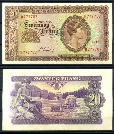 Люксембург 1943 г. • P# 42 • 20 франков • герцогиня Шарлотта • №!! 77707 регулярный выпуск • XF-AU