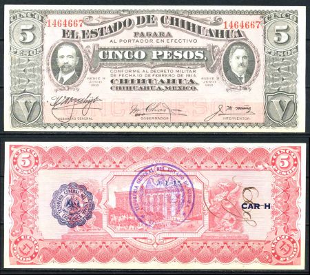 Мексика Штаты и провинции • Чиуауа 1915 г. • P# s532c • 5 песо • печать Соноры(синяя) • регулярный выпуск • UNC пресс