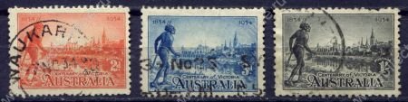 Австралия 1934 г. • Gb# 147-9 • 2 d. - 1 sh. • 100-летие штата Виктория • вид Мельбурна • полн. серия • Used XF ( кат.- £ 30 )