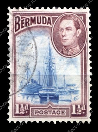 Бермуды 1938-1952 гг. • Gb# 111b(SC# 119) • 1 ½ d • Георг VI основной выпуск • парусник в порту Гамильтона • Used F-VF ( кат.- £2 )