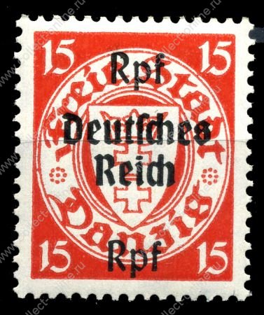 Германия 3-й рейх 1939 г. • Mi# 722 • 15 pf. • надпечатка "Deutsches Reich" на марке Данцига • MNH OG XF ( кат.- € 24 )