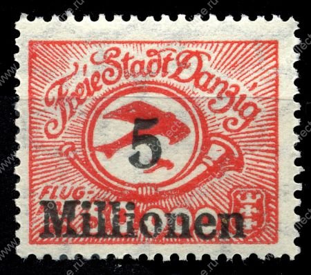 Данциг 1923 г. • Mi# 180 • 5 mln. на 50000 M. • в.з. - 3Y • надпечатка нов. номинала • авиапочта • MNH OG XF+ ( кат.- € 1.50 )