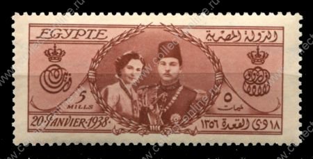 Египет 1938 г. • SC# 223 • 5 m. • Свадьба король Фарука и Фариды Зульфикар • MH OG XF ( кат. - $7 )