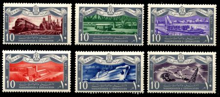 ЕГИПЕТ 1959г. SC# 467-72 / ТРАНСПОРТ И СВЯЗЬ  / MNH OG VF / АРХИТЕКТУРА АВТОМОБИЛИ КОРАБЛИ