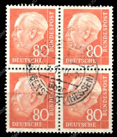 Германия • ФРГ 1956-1957 гг. • Mi# 264(Sc# 760) • 80 pf. • Президент Теодор Хойс • стандарт • кв. блок • Used F-VF ( кат.- € 10 )