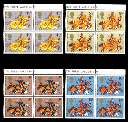 ВЕЛИКОБРИТАНИЯ 1974г. GB# 958-61 / СРЕДНЕВЕКОВЫЕ РЫЦАРИ / MNH OG VF / кв. блоки