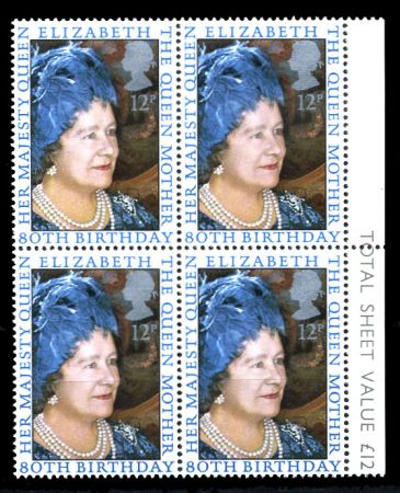 ВЕЛИКОБРИТАНИЯ 1980г. GB# 1129 / КОРОЛЕВА МАТЬ / MNH OG VF / кв. блок