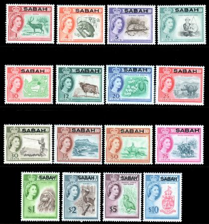 Сабах 1964 г. • Gb# 408-23 • 1 c. - $10 • Елизавета II осн. выпуск (надпечатки) • Виды и фауна • MNH OG XF • полн. серия ( кат. - £75 )