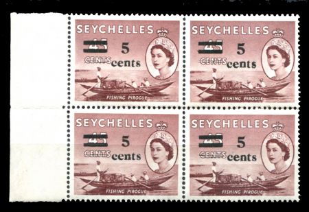 Сейшелы 1957 г. • Gb# 191 • 5 на 45 c. • Елизавета II • надпечатка нов. номинала • кв. блок • MNH OG XF