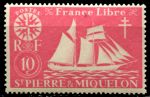 Сен-Пьер и Микелон 1942 г. • Iv# 297 • 10 c. • "Свободная Франция" • парусник • MNH OG VF