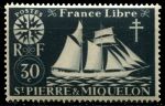Сен-Пьер и Микелон 1942 г. • Iv# 299 • 30 c. • "Свободная Франция" • парусник • MNH OG VF