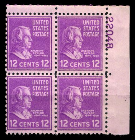 США 1938г. SC# 817 / 12c. / СТАНДАРТ ПРЕЗИДЕНТЫ З. ТЕЙЛОР / MNH OG VF / № кв. блок