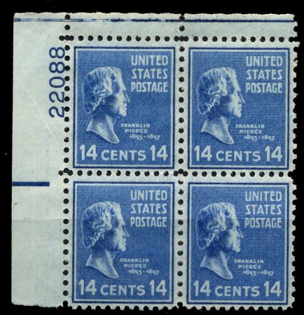 США 1938г. SC# 819 / 14c. / СТАНДАРТ ПРЕЗИДЕНТЫ Ф. ПИРС / MNH OG VF / № кв. блок