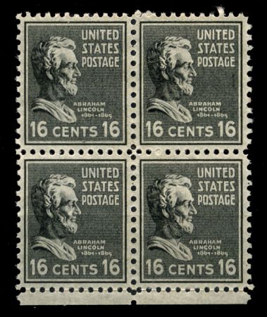 США 1938г. SC# 821 / 16c. / СТАНДАРТ ПРЕЗИДЕНТЫ А. ЛИНКОЛЬН / MNH OG VF / кв. блок