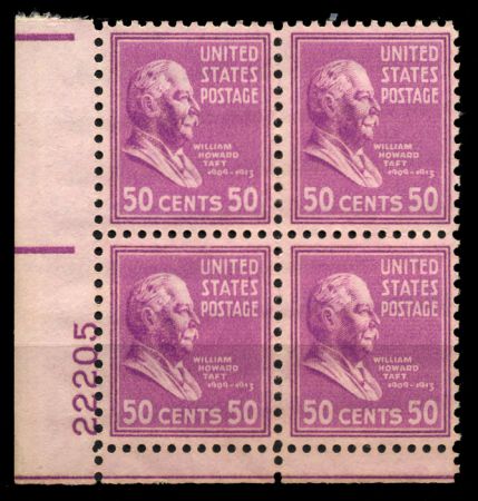 США 1938г. SC# 831 / 50c. / СТАНДАРТ ПРЕЗИДЕНТЫ У. ГОВАРД-ТАРТ / MNH OG VF / № кв. блок