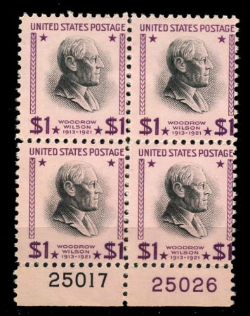 США 1938г. SC# 832 / 1$ / СТАНДАРТ ПРЕЗИДЕНТЫ В. ВИЛСОН / MNH OG VF / № кв. блок